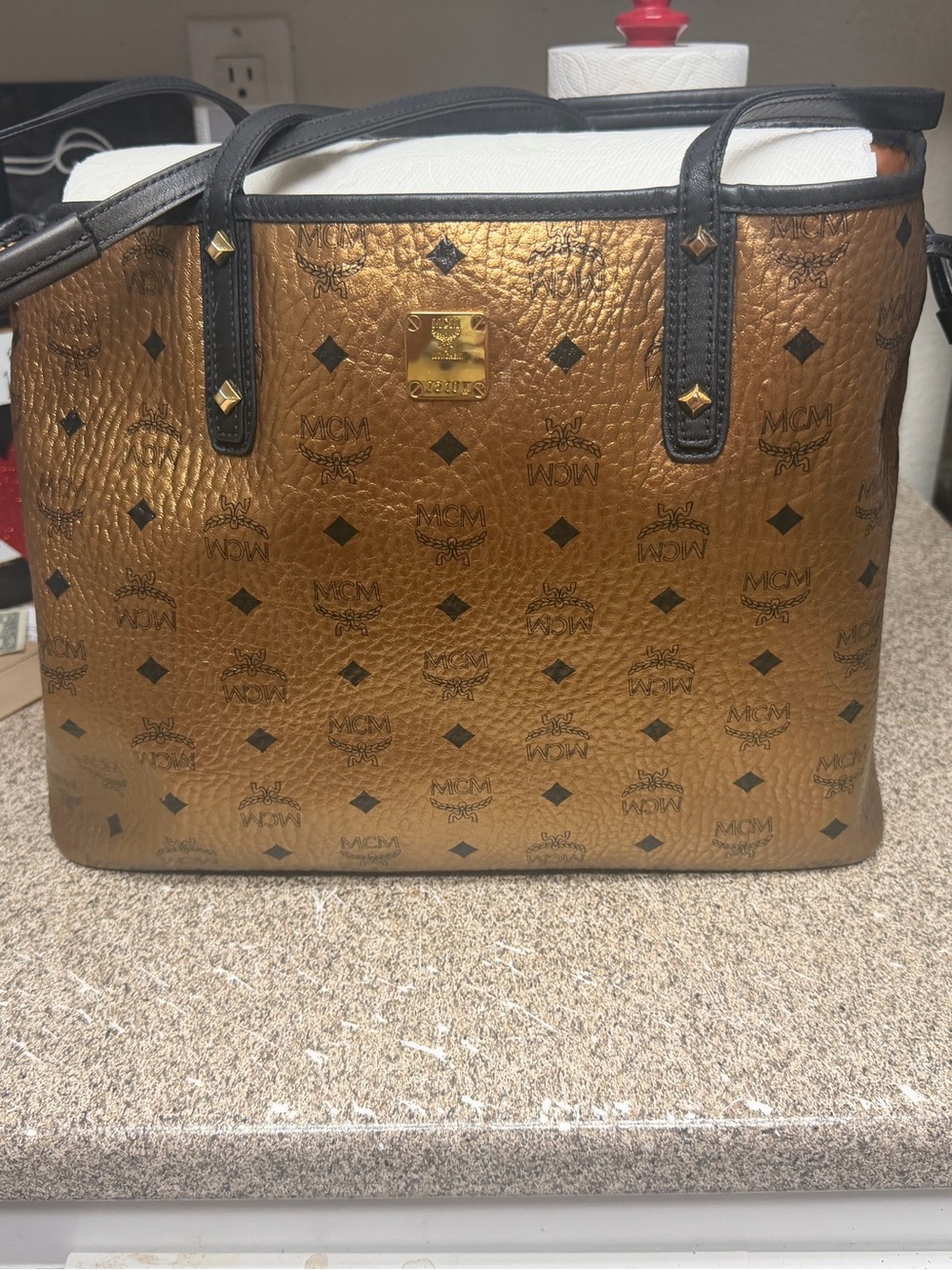 MCM Metallic Gold Visetos Tote with Black Trim